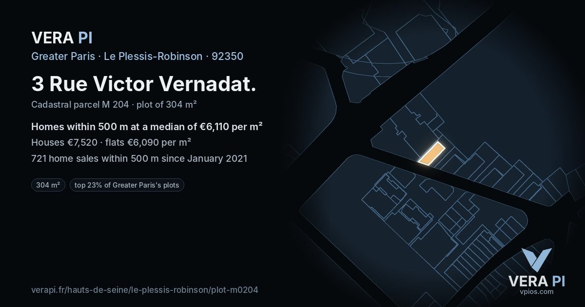 3 Rue Victor Vernadat, Le Plessis-Robinson at night – the plot lit, the parcels around coloured by the prices near them