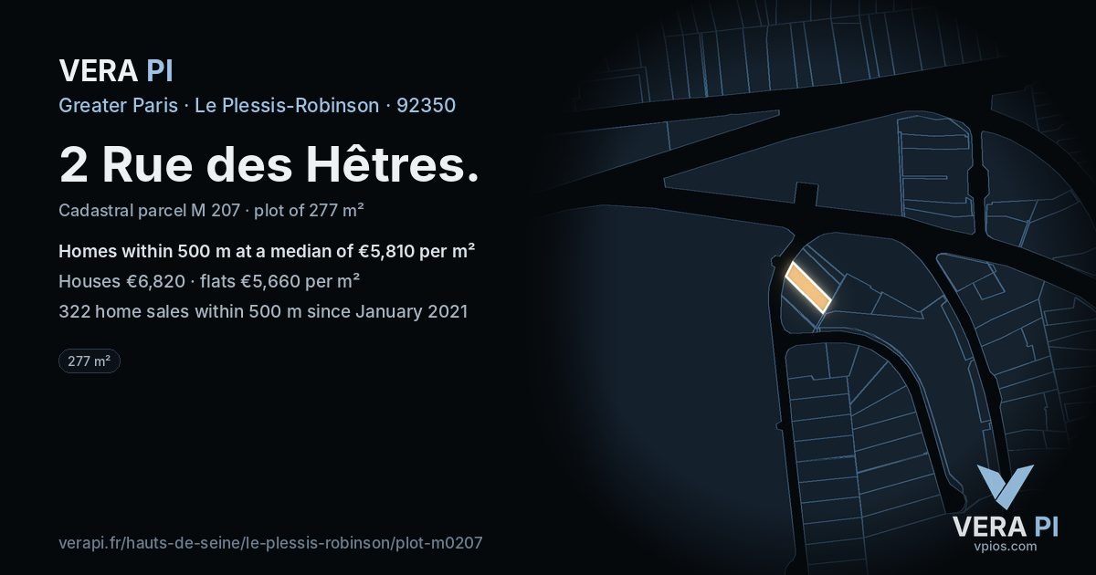 2 Rue des Hêtres, Le Plessis-Robinson at night – the plot lit, the parcels around coloured by the prices near them
