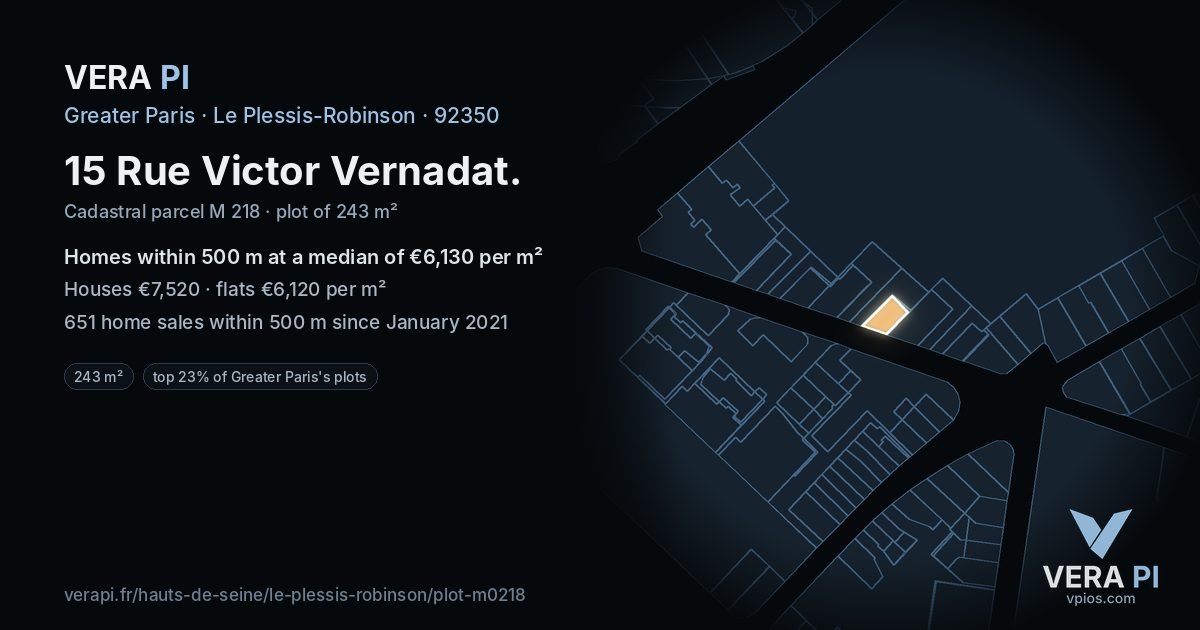 15 Rue Victor Vernadat, Le Plessis-Robinson at night – the plot lit, the parcels around coloured by the prices near them