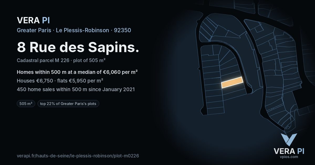 8 Rue des Sapins, Le Plessis-Robinson at night – the plot lit, the parcels around coloured by the prices near them
