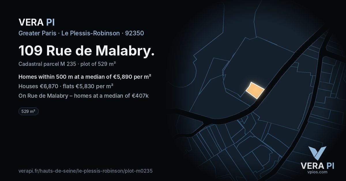 109 Rue de Malabry, Le Plessis-Robinson at night – the plot lit, the parcels around coloured by the prices near them