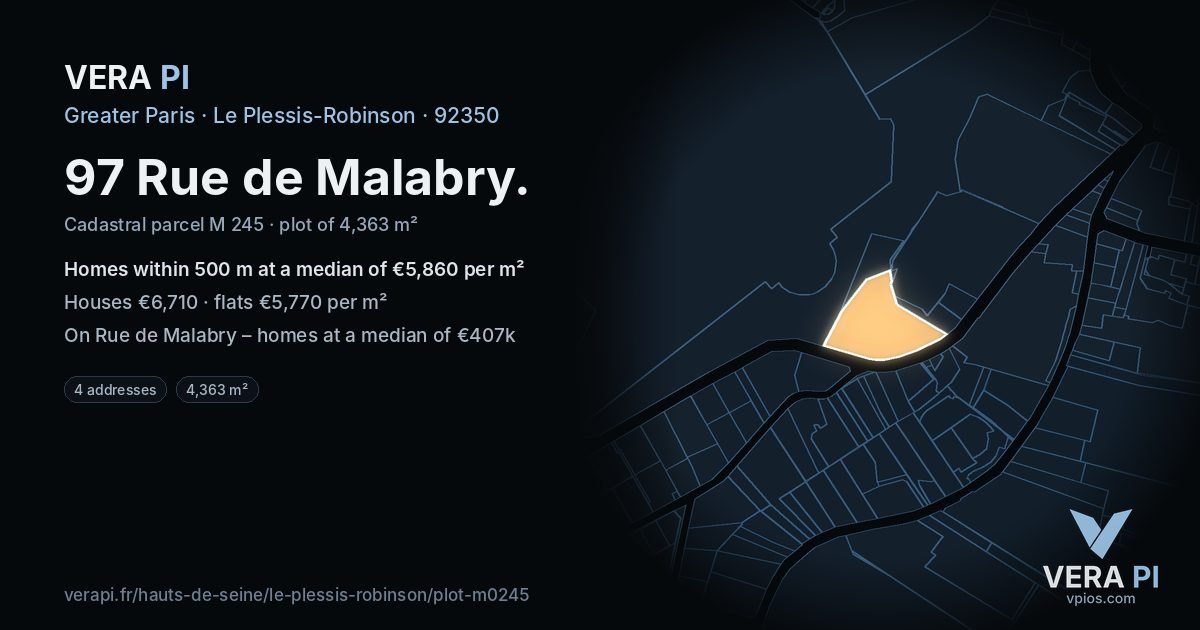 97 Rue de Malabry, Le Plessis-Robinson at night – the plot lit, the parcels around coloured by the prices near them