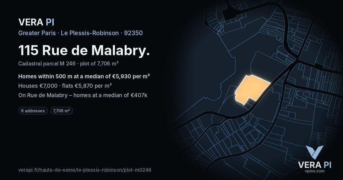 115 Rue de Malabry, Le Plessis-Robinson at night – the plot lit, the parcels around coloured by the prices near them