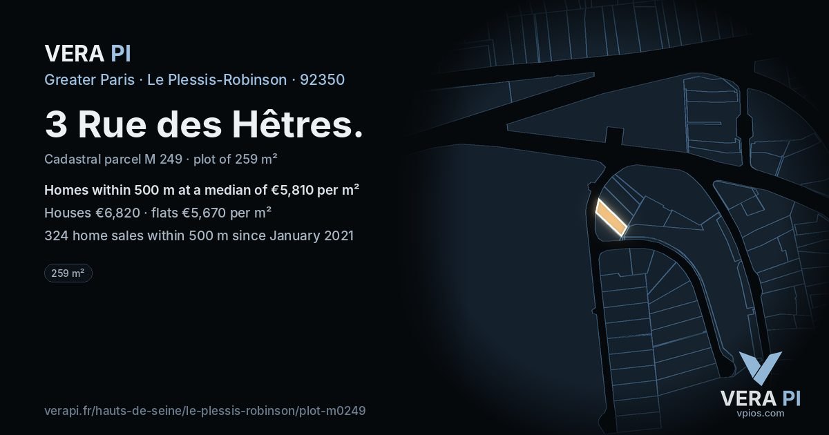 3 Rue des Hêtres, Le Plessis-Robinson at night – the plot lit, the parcels around coloured by the prices near them