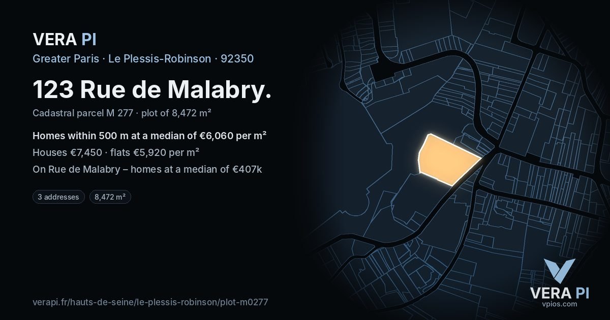 123 Rue de Malabry, Le Plessis-Robinson at night – the plot lit, the parcels around coloured by the prices near them