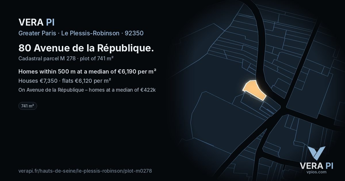 80 Avenue de la République, Le Plessis-Robinson at night – the plot lit, the parcels around coloured by the prices near them