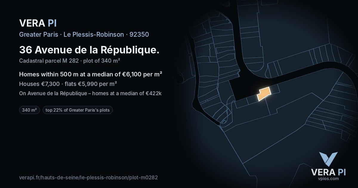 36 Avenue de la République, Le Plessis-Robinson at night – the plot lit, the parcels around coloured by the prices near them