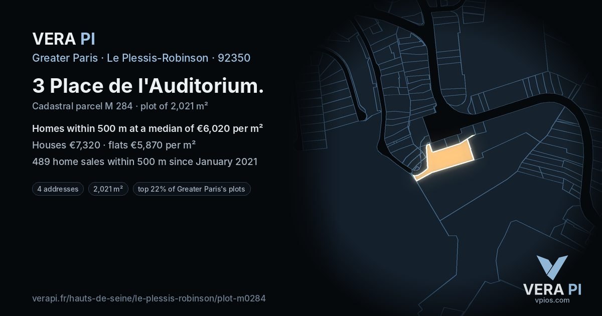 3 Place de l'Auditorium, Le Plessis-Robinson at night – the plot lit, the parcels around coloured by the prices near them