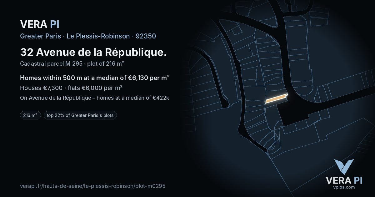 32 Avenue de la République, Le Plessis-Robinson at night – the plot lit, the parcels around coloured by the prices near them