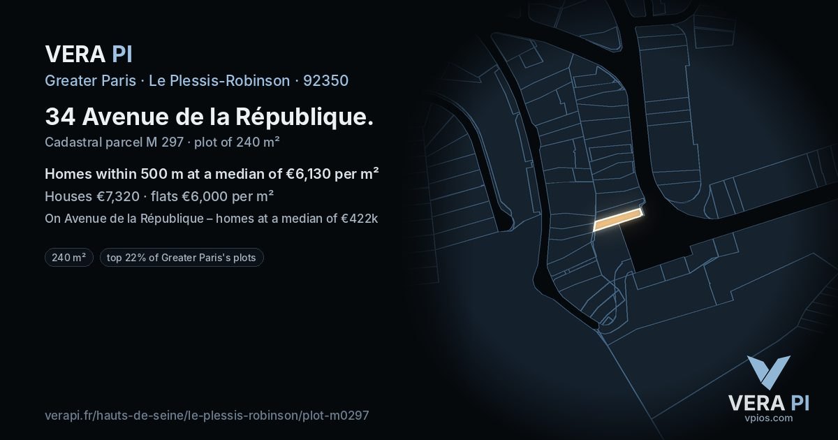 34 Avenue de la République, Le Plessis-Robinson at night – the plot lit, the parcels around coloured by the prices near them