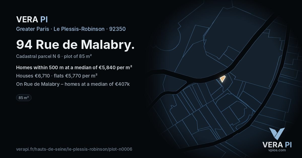 94 Rue de Malabry, Le Plessis-Robinson at night – the plot lit, the parcels around coloured by the prices near them