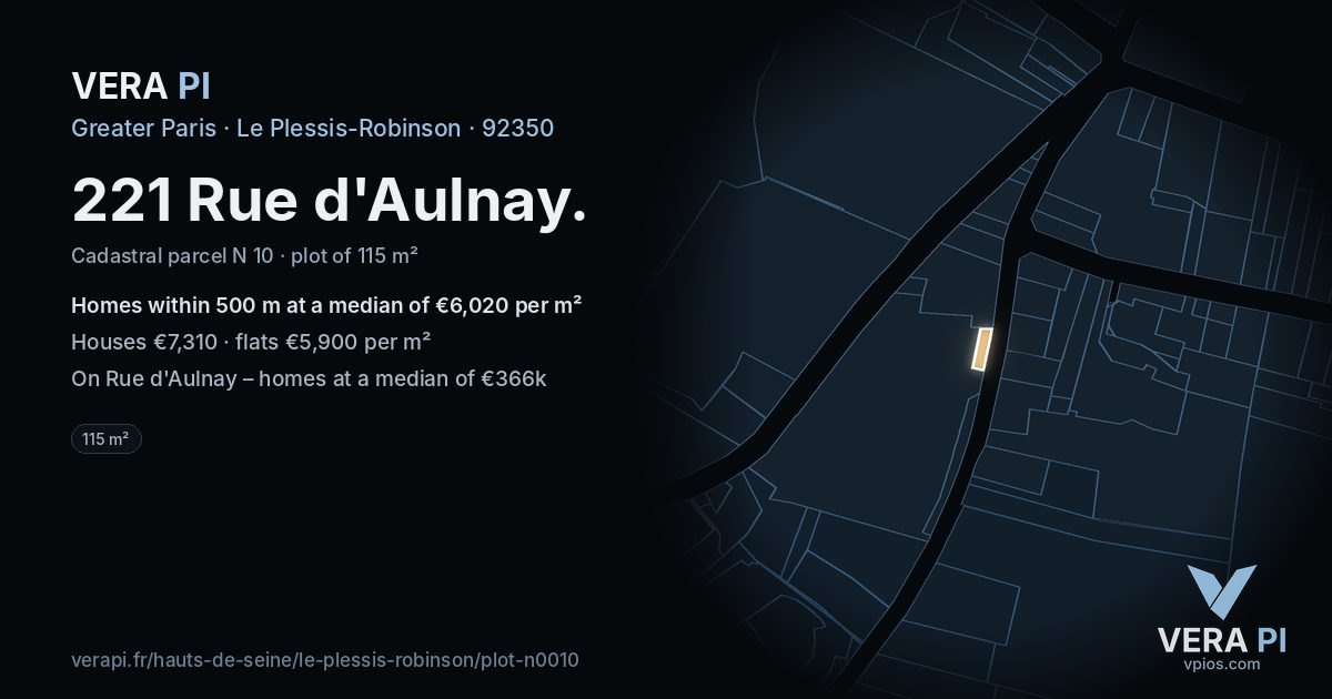 221 Rue d'Aulnay, Le Plessis-Robinson at night – the plot lit, the parcels around coloured by the prices near them