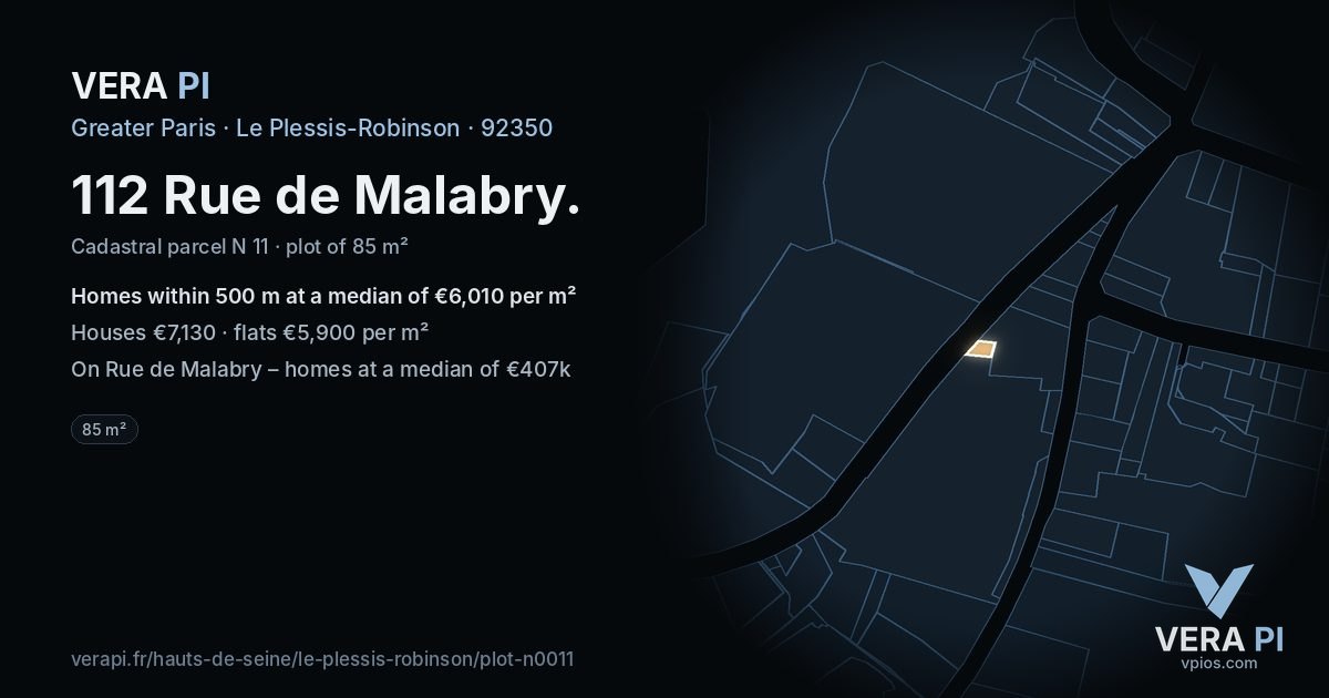 112 Rue de Malabry, Le Plessis-Robinson at night – the plot lit, the parcels around coloured by the prices near them