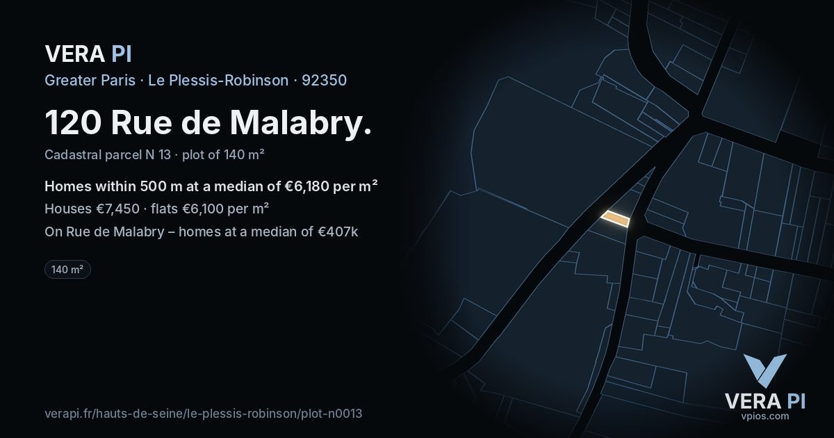 120 Rue de Malabry, Le Plessis-Robinson at night – the plot lit, the parcels around coloured by the prices near them