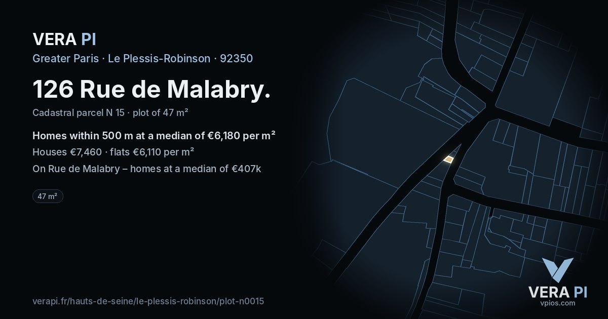 126 Rue de Malabry, Le Plessis-Robinson at night – the plot lit, the parcels around coloured by the prices near them