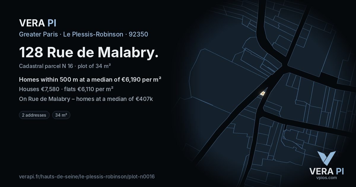 128 Rue de Malabry, Le Plessis-Robinson at night – the plot lit, the parcels around coloured by the prices near them