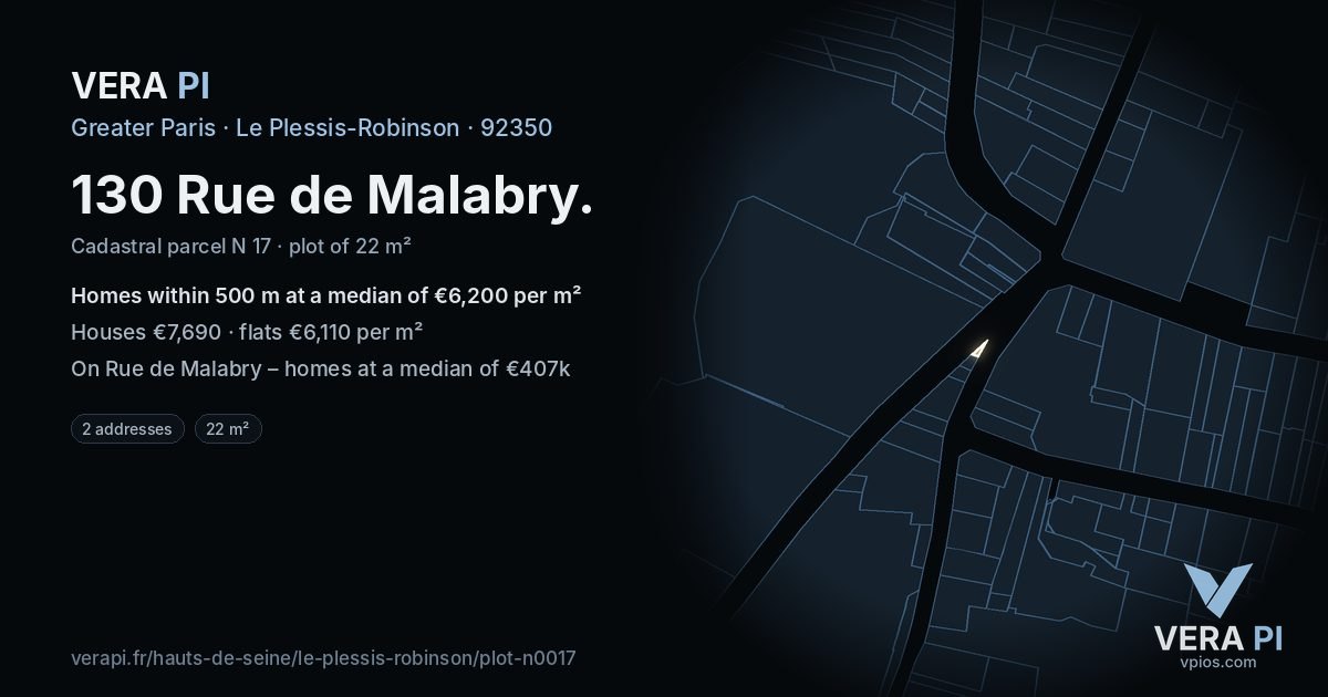 130 Rue de Malabry, Le Plessis-Robinson at night – the plot lit, the parcels around coloured by the prices near them