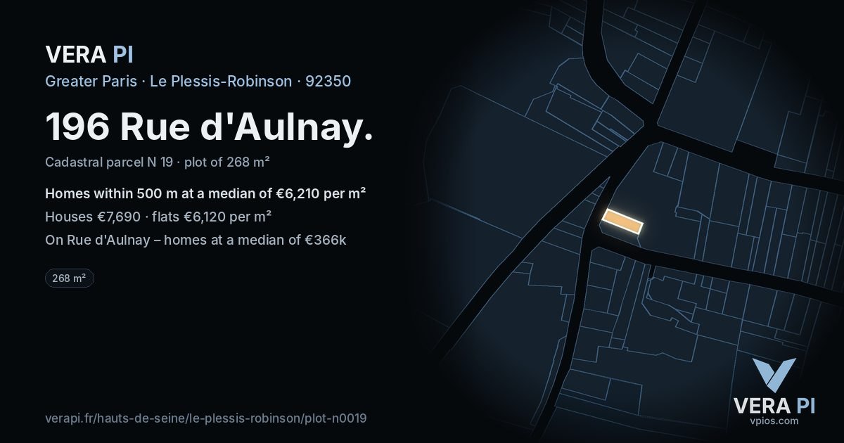 196 Rue d'Aulnay, Le Plessis-Robinson at night – the plot lit, the parcels around coloured by the prices near them