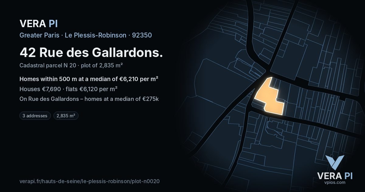 42 Rue des Gallardons, Le Plessis-Robinson at night – the plot lit, the parcels around coloured by the prices near them