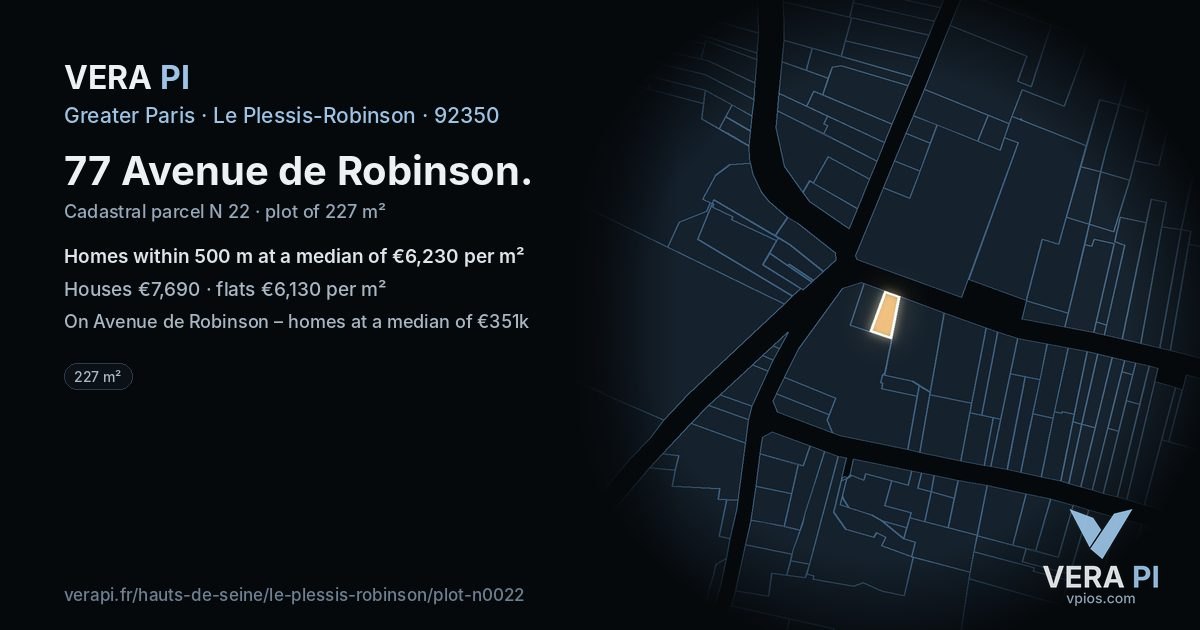 77 Avenue de Robinson, Le Plessis-Robinson at night – the plot lit, the parcels around coloured by the prices near them