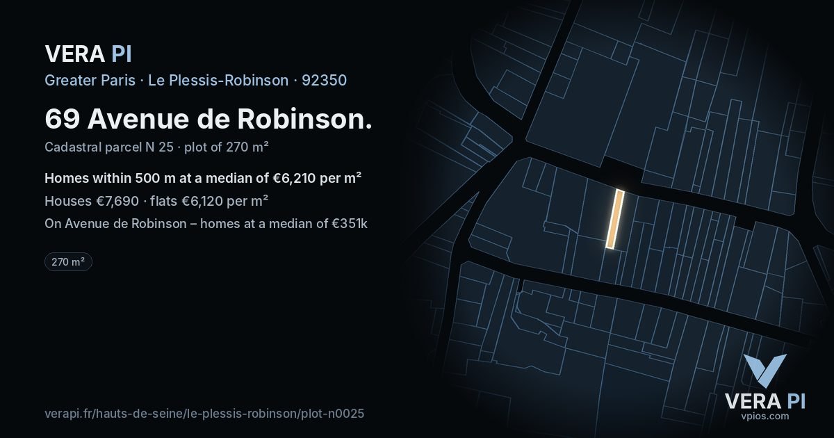69 Avenue de Robinson, Le Plessis-Robinson at night – the plot lit, the parcels around coloured by the prices near them