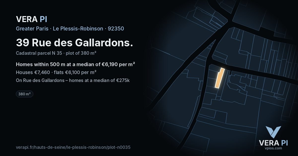 39 Rue des Gallardons, Le Plessis-Robinson at night – the plot lit, the parcels around coloured by the prices near them