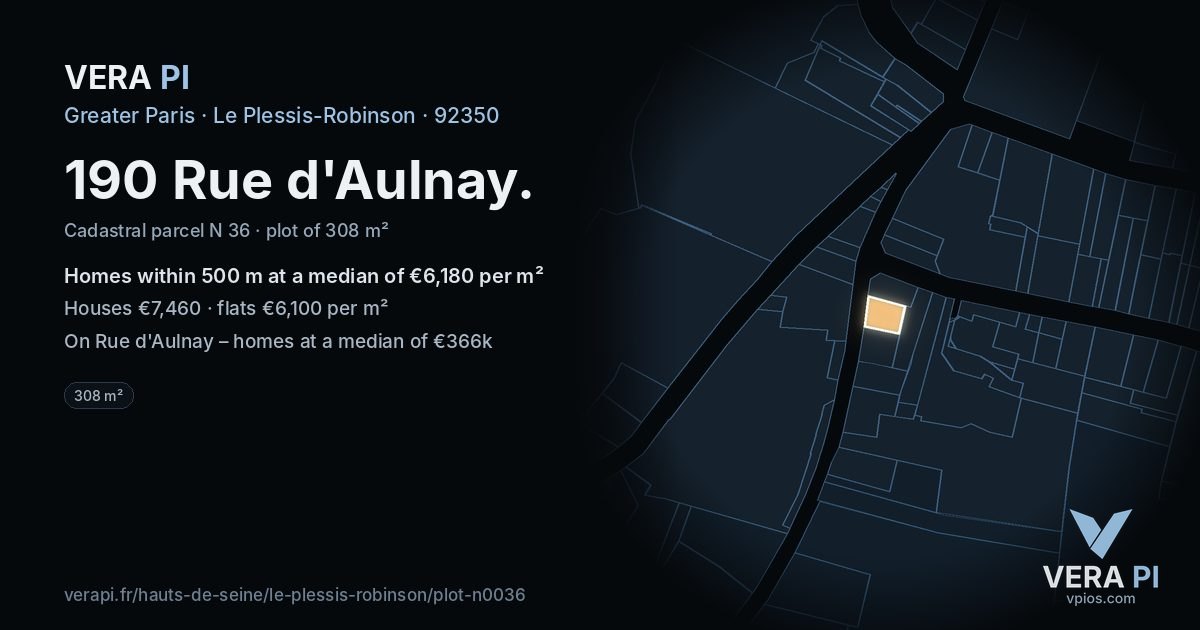 190 Rue d'Aulnay, Le Plessis-Robinson at night – the plot lit, the parcels around coloured by the prices near them