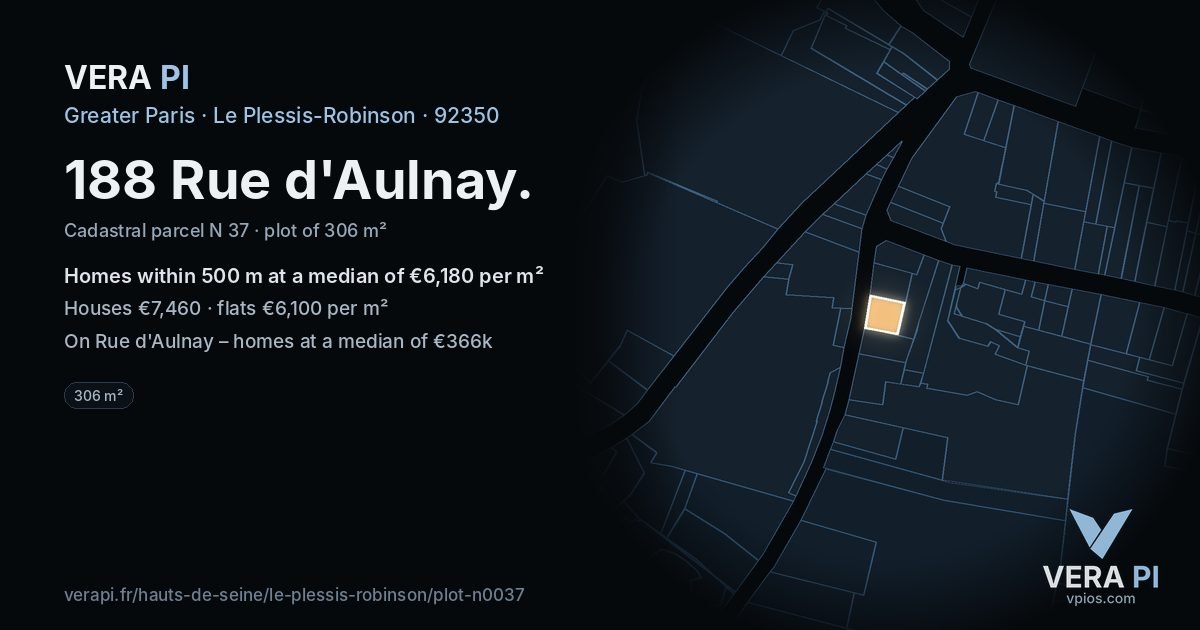 188 Rue d'Aulnay, Le Plessis-Robinson at night – the plot lit, the parcels around coloured by the prices near them