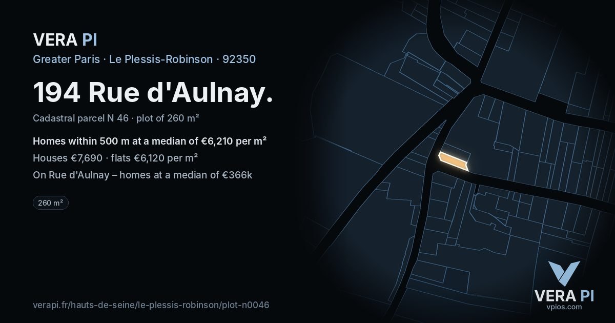194 Rue d'Aulnay, Le Plessis-Robinson at night – the plot lit, the parcels around coloured by the prices near them