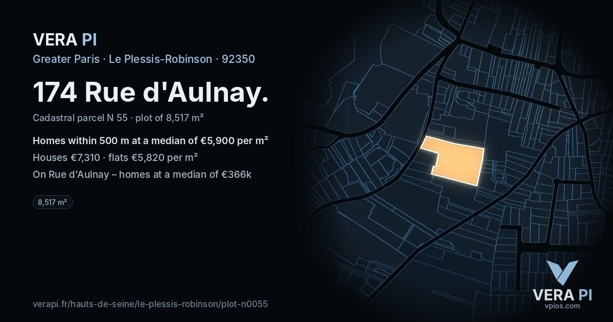 174 Rue d'Aulnay, Le Plessis-Robinson at night – the plot lit, the parcels around coloured by the prices near them