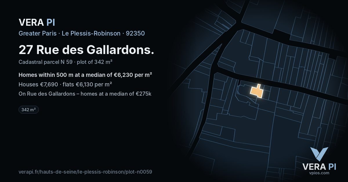 27 Rue des Gallardons, Le Plessis-Robinson at night – the plot lit, the parcels around coloured by the prices near them