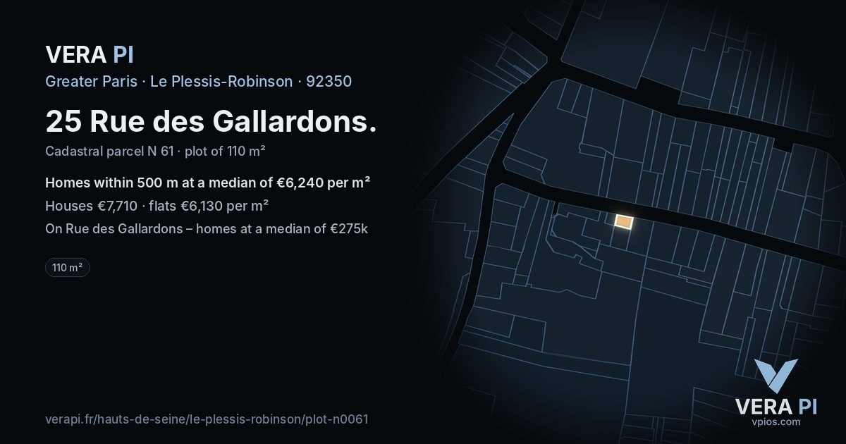 25 Rue des Gallardons, Le Plessis-Robinson at night – the plot lit, the parcels around coloured by the prices near them