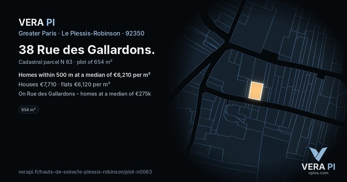 38 Rue des Gallardons, Le Plessis-Robinson at night – the plot lit, the parcels around coloured by the prices near them