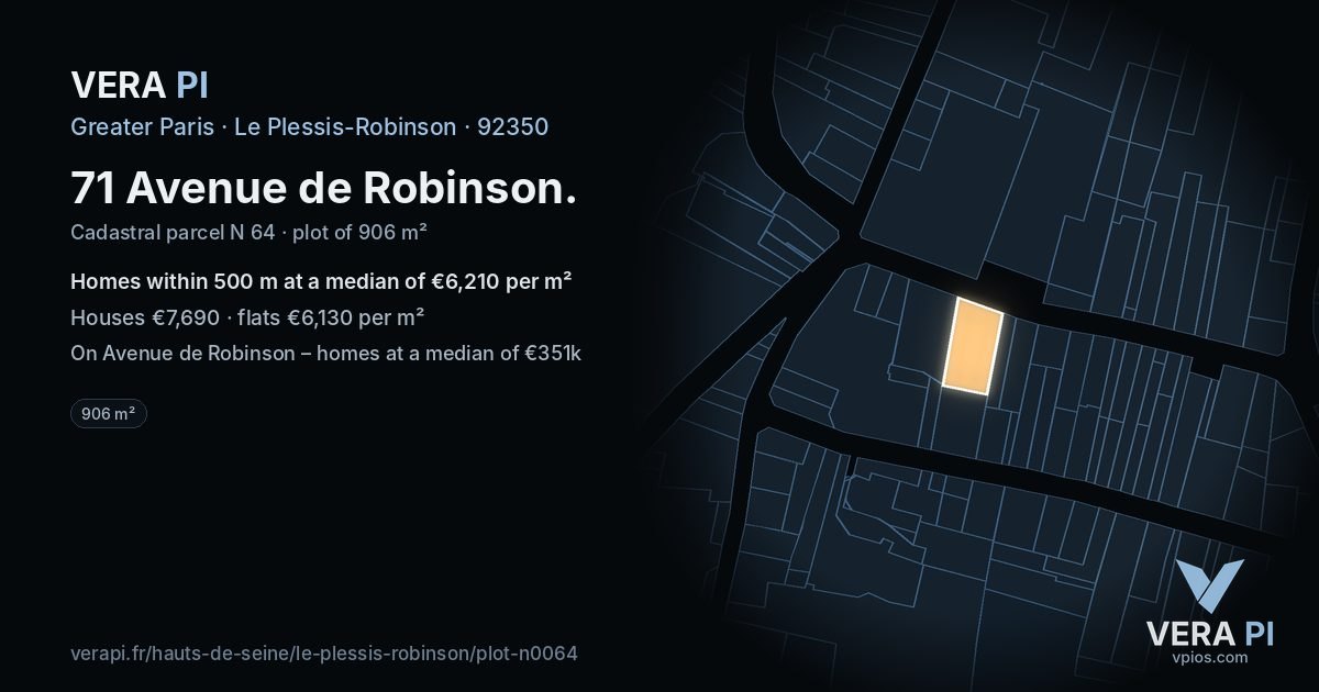 71 Avenue de Robinson, Le Plessis-Robinson at night – the plot lit, the parcels around coloured by the prices near them