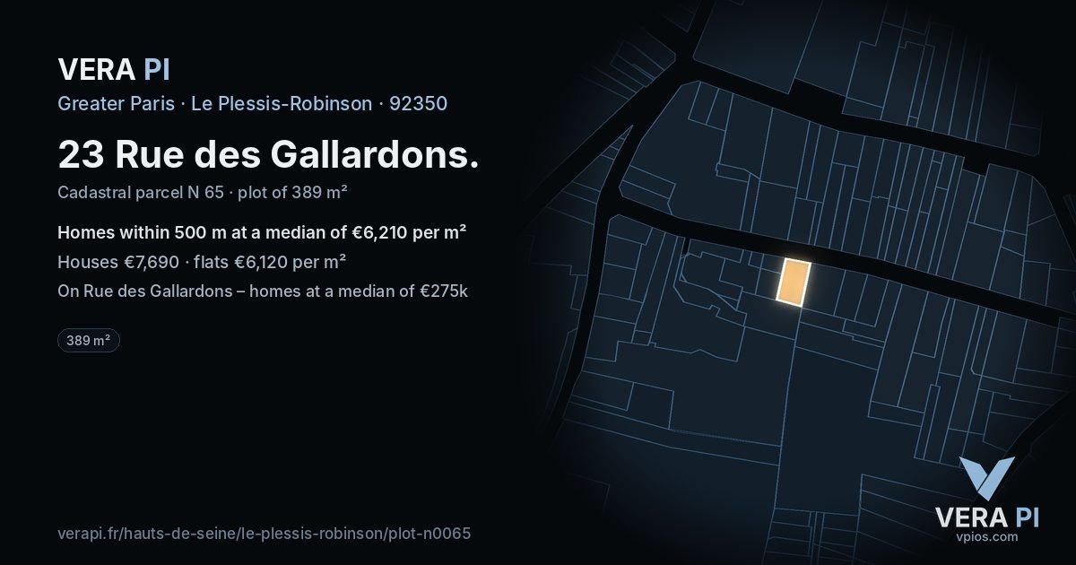 23 Rue des Gallardons, Le Plessis-Robinson at night – the plot lit, the parcels around coloured by the prices near them