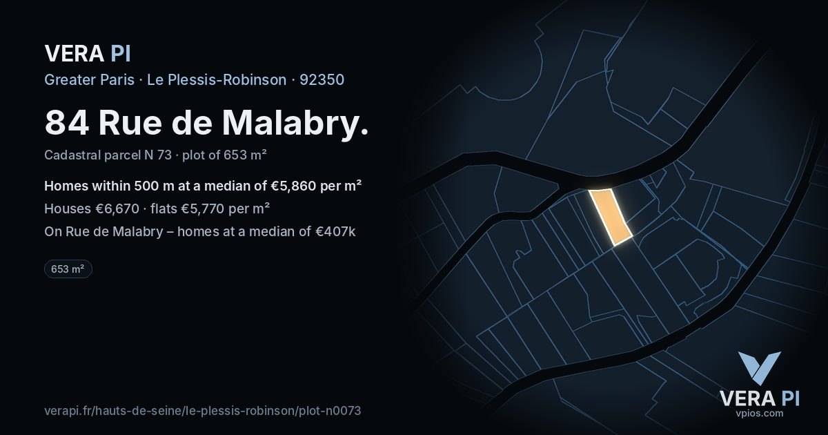 84 Rue de Malabry, Le Plessis-Robinson at night – the plot lit, the parcels around coloured by the prices near them