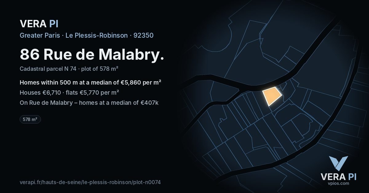 86 Rue de Malabry, Le Plessis-Robinson at night – the plot lit, the parcels around coloured by the prices near them