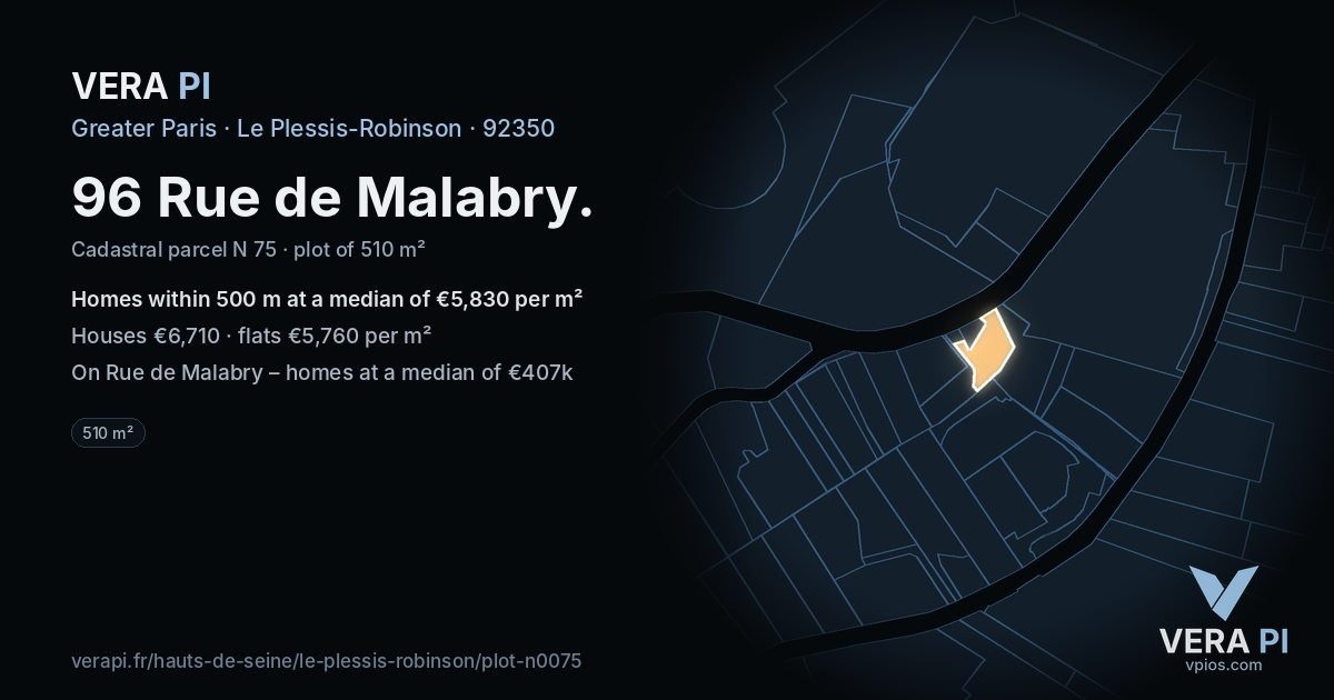 96 Rue de Malabry, Le Plessis-Robinson at night – the plot lit, the parcels around coloured by the prices near them