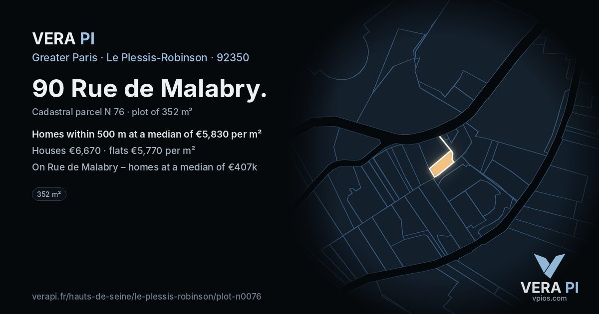 90 Rue de Malabry, Le Plessis-Robinson at night – the plot lit, the parcels around coloured by the prices near them