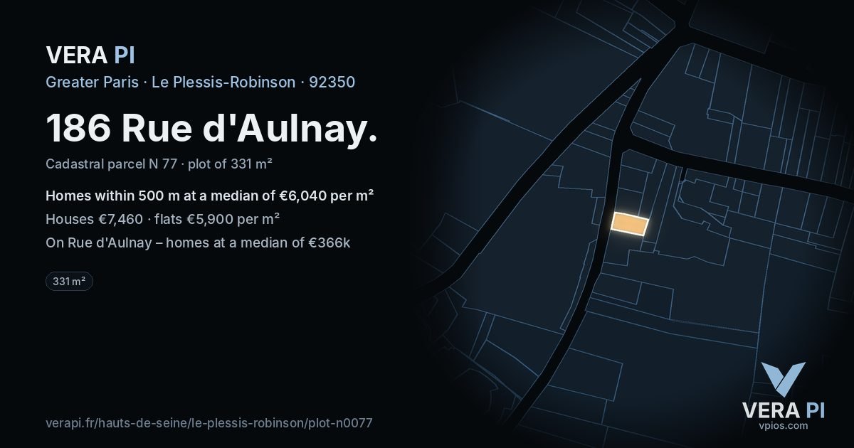 186 Rue d'Aulnay, Le Plessis-Robinson at night – the plot lit, the parcels around coloured by the prices near them