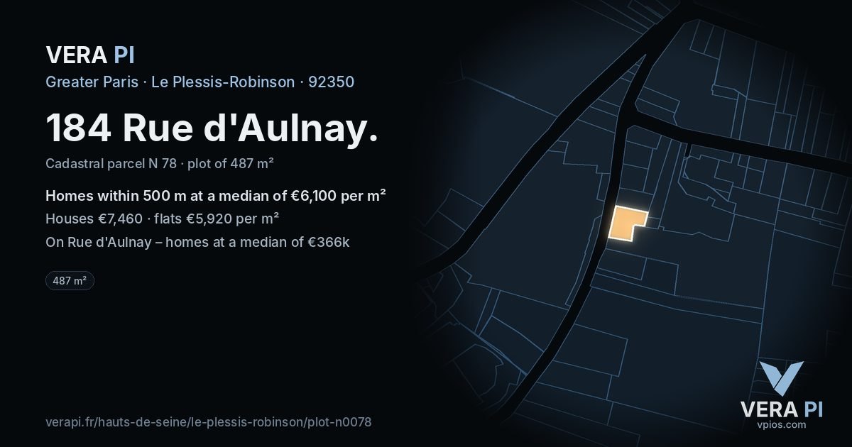 184 Rue d'Aulnay, Le Plessis-Robinson at night – the plot lit, the parcels around coloured by the prices near them