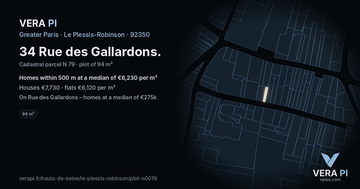 34 Rue des Gallardons, Le Plessis-Robinson at night – the plot lit, the parcels around coloured by the prices near them