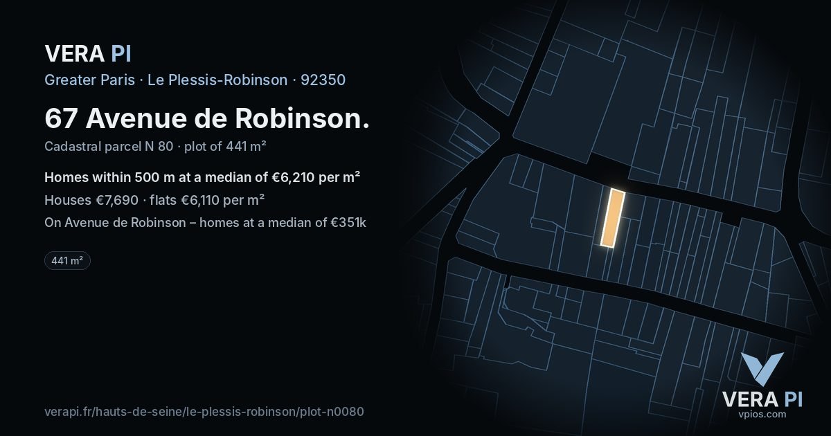 67 Avenue de Robinson, Le Plessis-Robinson at night – the plot lit, the parcels around coloured by the prices near them