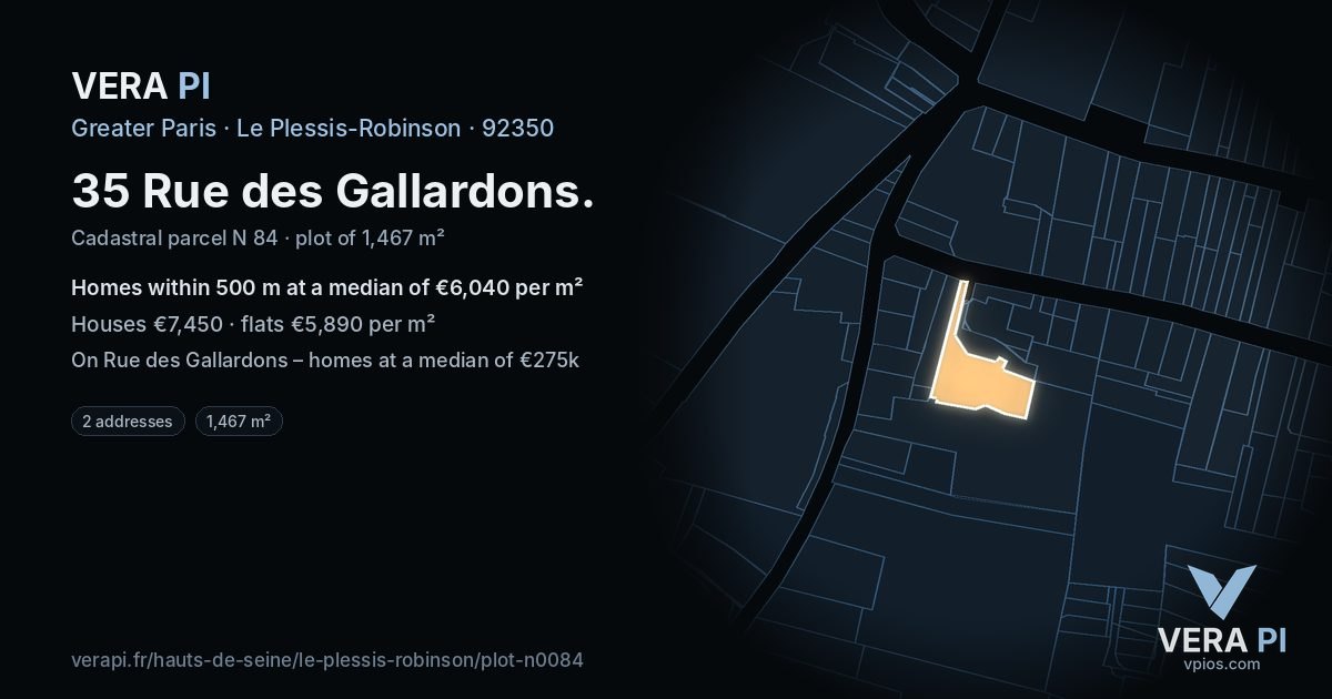 35 Rue des Gallardons, Le Plessis-Robinson at night – the plot lit, the parcels around coloured by the prices near them