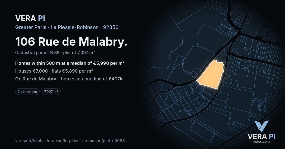 106 Rue de Malabry, Le Plessis-Robinson at night – the plot lit, the parcels around coloured by the prices near them