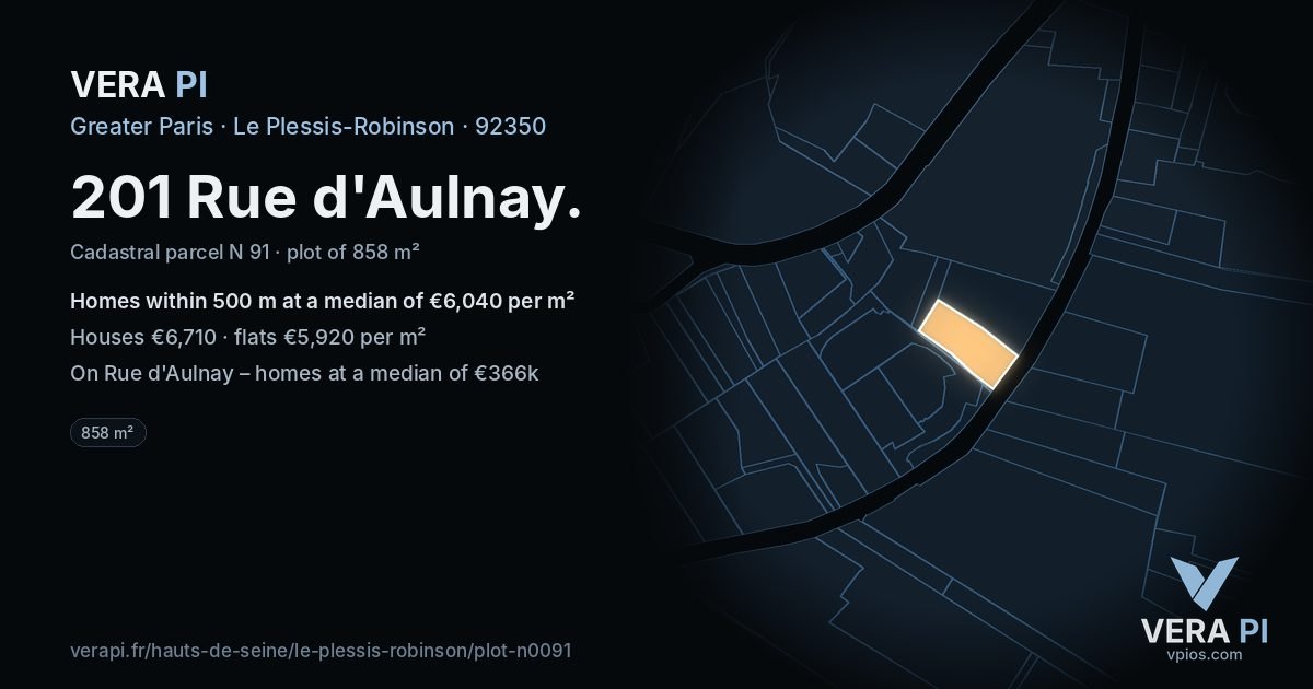 201 Rue d'Aulnay, Le Plessis-Robinson at night – the plot lit, the parcels around coloured by the prices near them