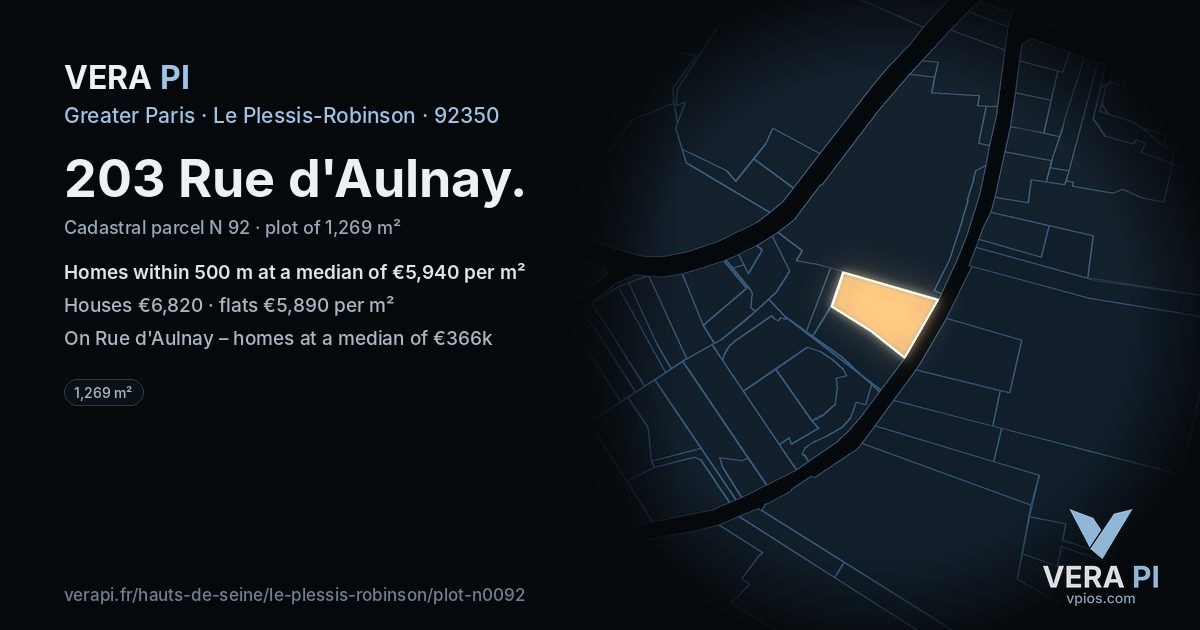 203 Rue d'Aulnay, Le Plessis-Robinson at night – the plot lit, the parcels around coloured by the prices near them