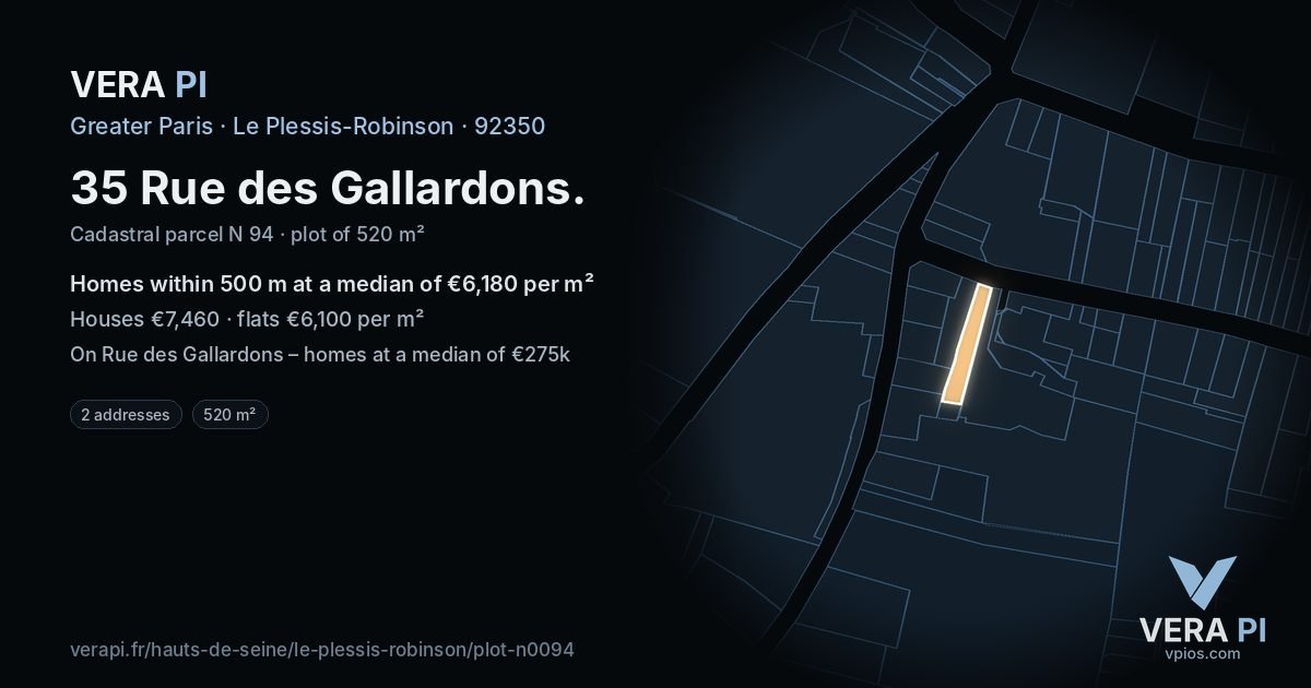 35 Rue des Gallardons, Le Plessis-Robinson at night – the plot lit, the parcels around coloured by the prices near them