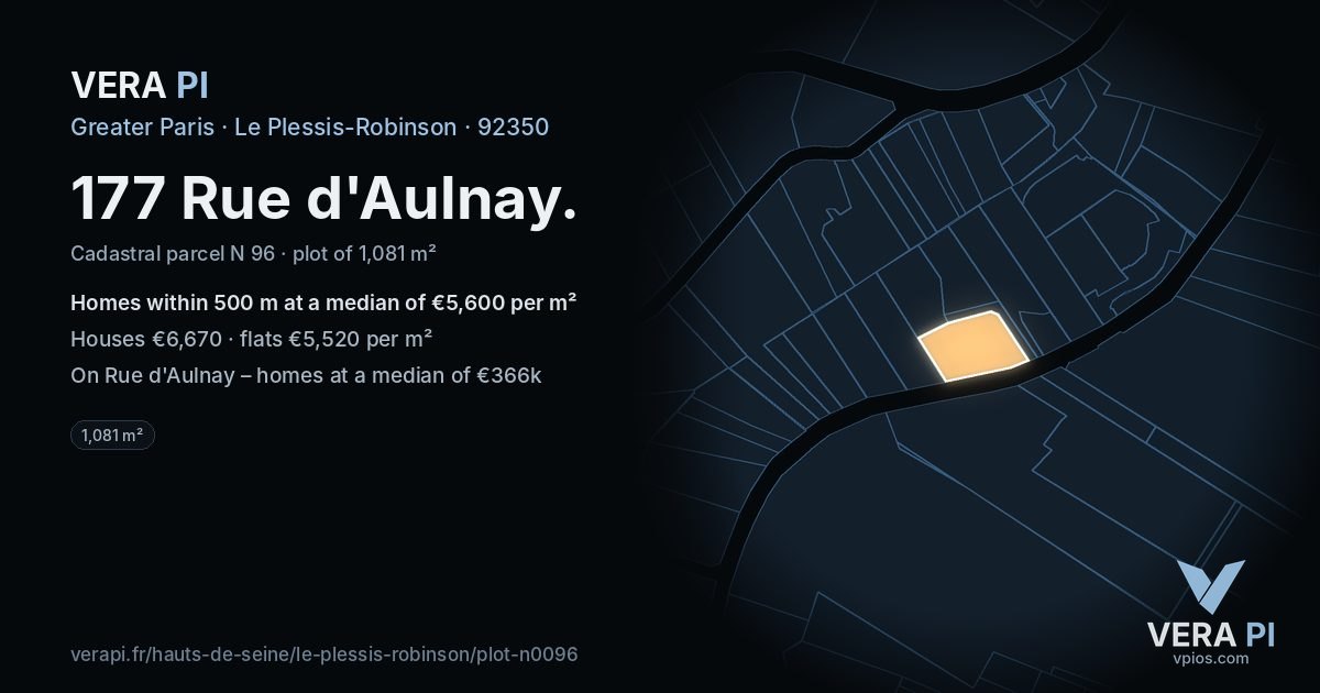 177 Rue d'Aulnay, Le Plessis-Robinson at night – the plot lit, the parcels around coloured by the prices near them