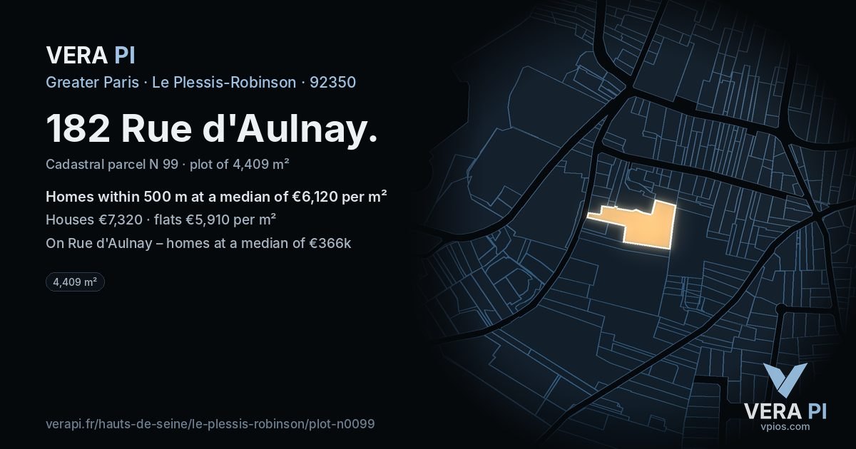 182 Rue d'Aulnay, Le Plessis-Robinson at night – the plot lit, the parcels around coloured by the prices near them